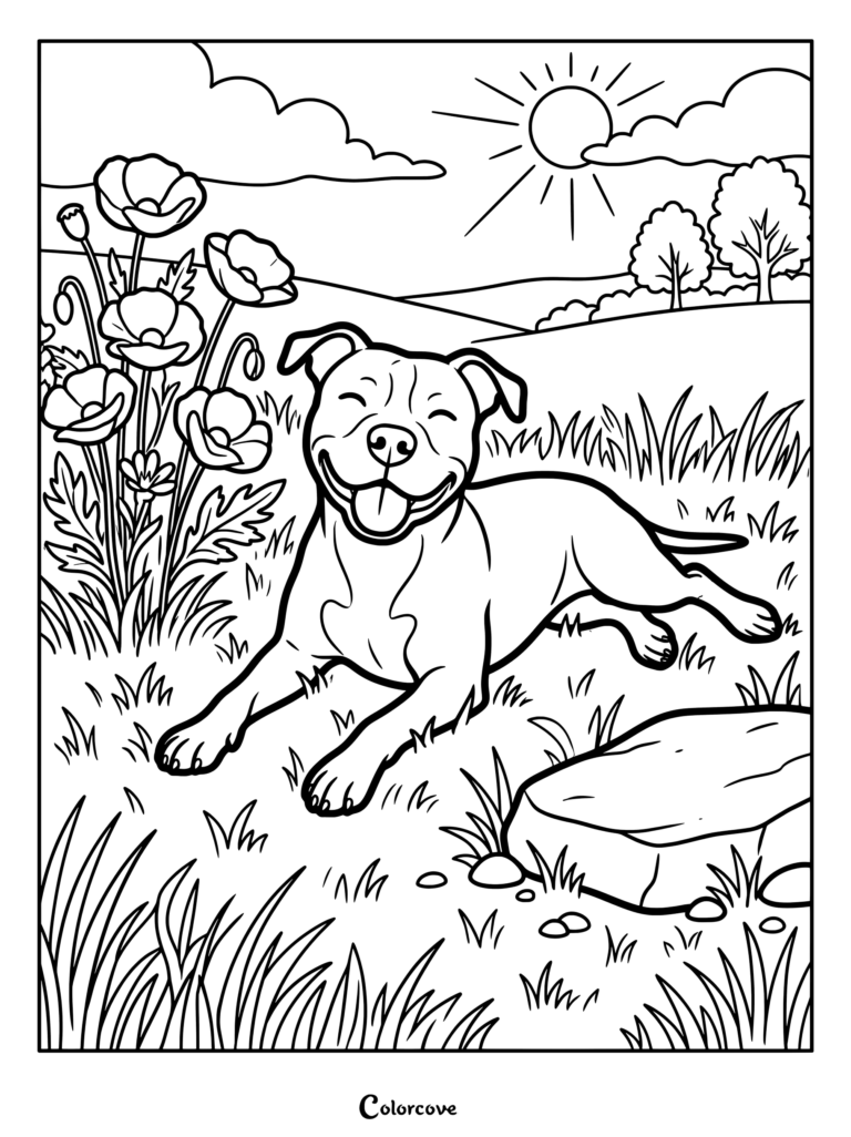 A joyful smiling Pitbull resting in a sunny grassy field with wildflowers as a printable coloring page.