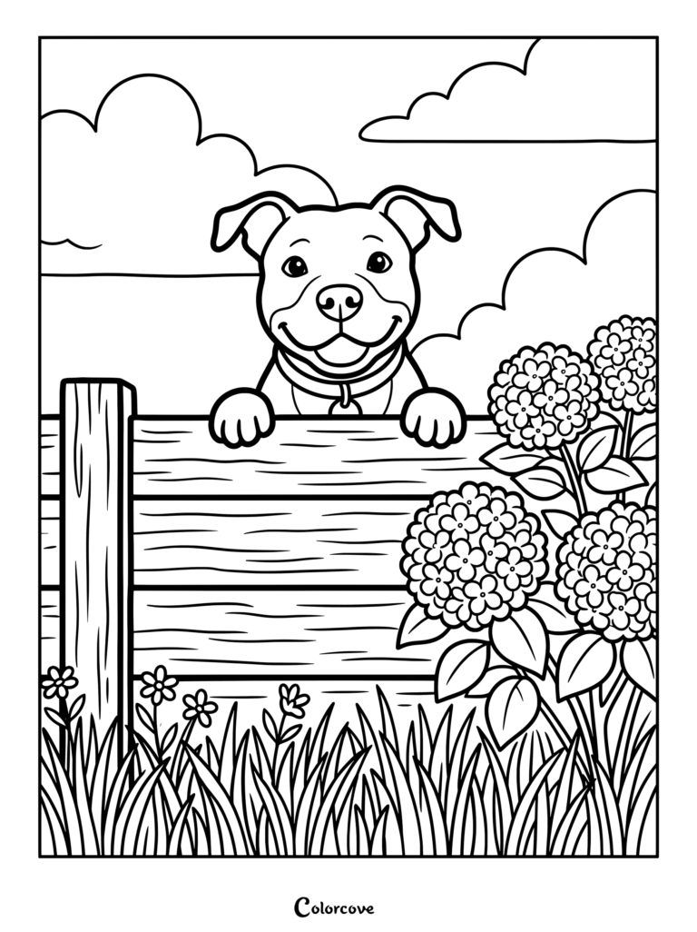 A smiling dog peeking over a wooden fence next to blooming flowers for this Pitbull coloring page.