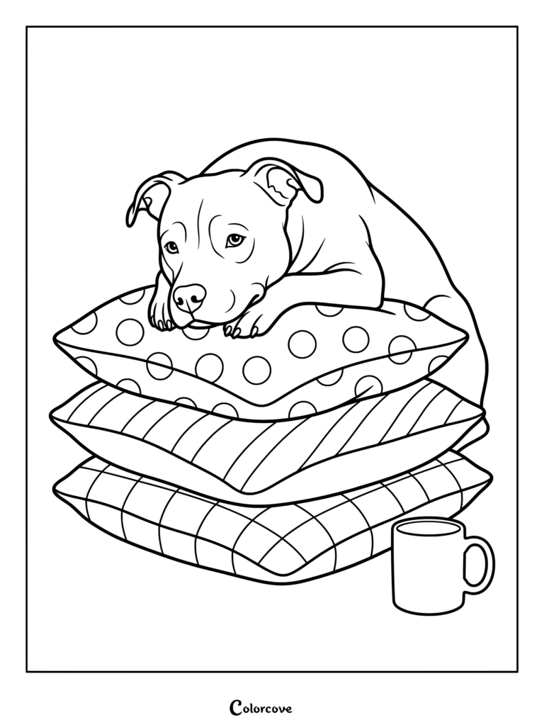 Pitbull coloring page featuring a dog resting on a stack of patterned pillows with a coffee mug nearby.