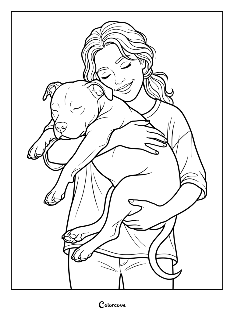 A smiling woman tenderly holding a sleeping Pitbull in this heartwarming coloring page.