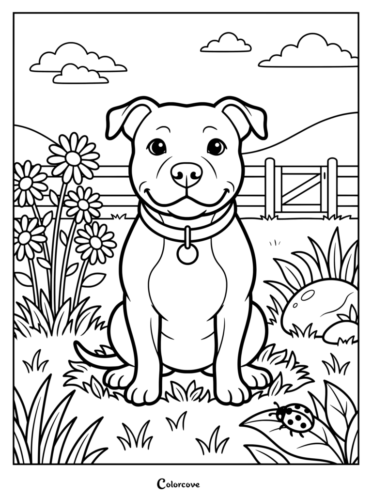 A friendly Pitbull puppy sitting in a sunny meadow with daisies and a ladybug, designed as a printable coloring page.