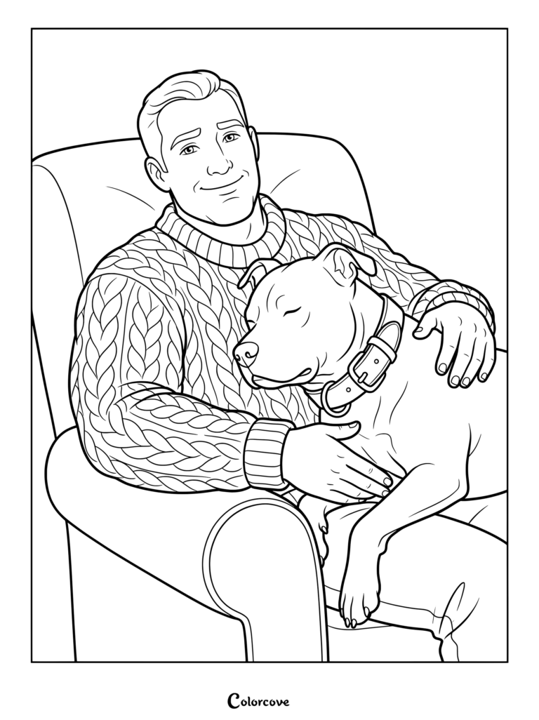 Printable coloring page of a friendly man wearing a cable-knit sweater cuddling a happy Pitbull in an armchair.