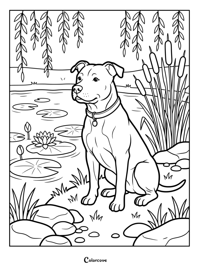Pitbull coloring page featuring a dog sitting by a serene pond with water lilies and cattails.
