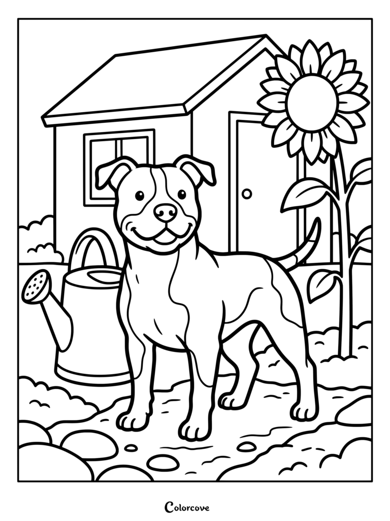 Pitbull coloring page featuring a happy dog standing next to a giant sunflower and a watering can.