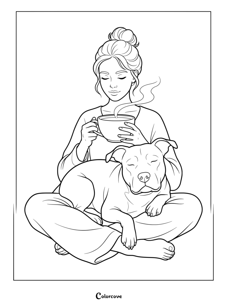 Printable Pitbull coloring page featuring a cozy woman holding a steaming cup of tea with a dog sleeping in her lap.
