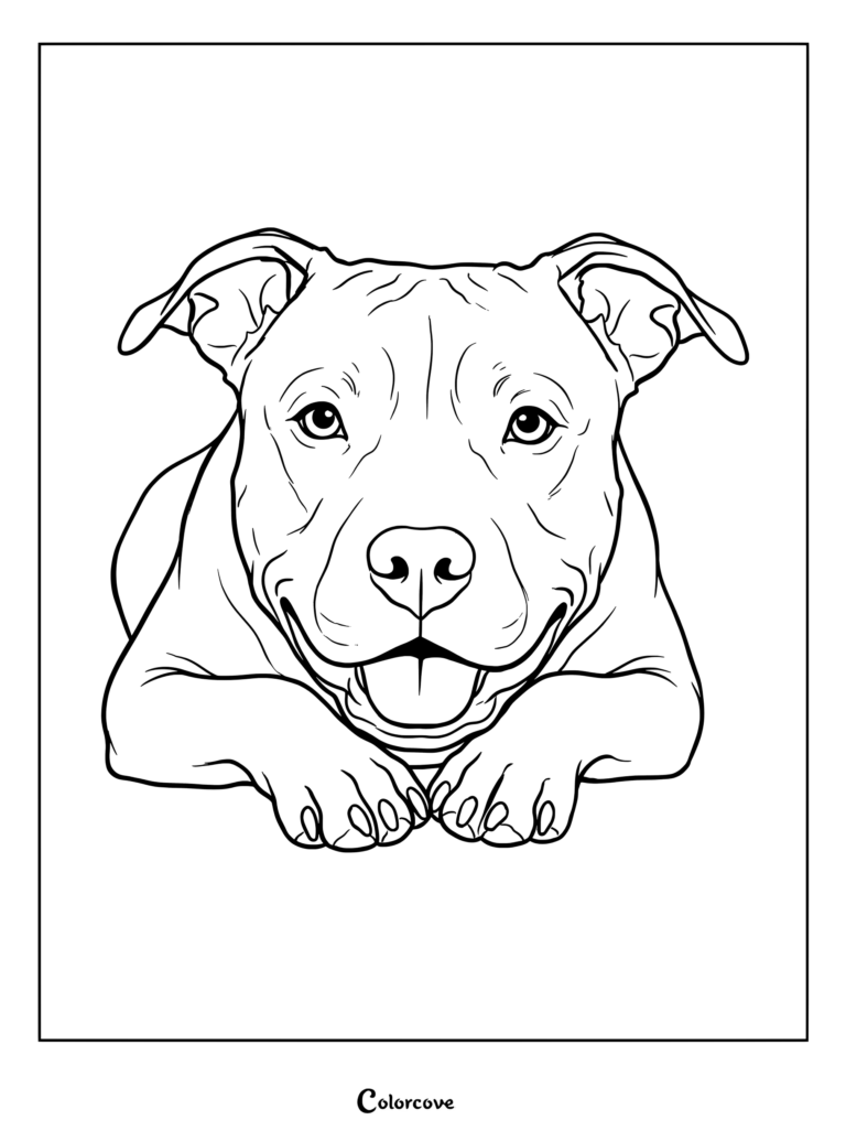 Smiling Pitbull resting its chin on its paws coloring page