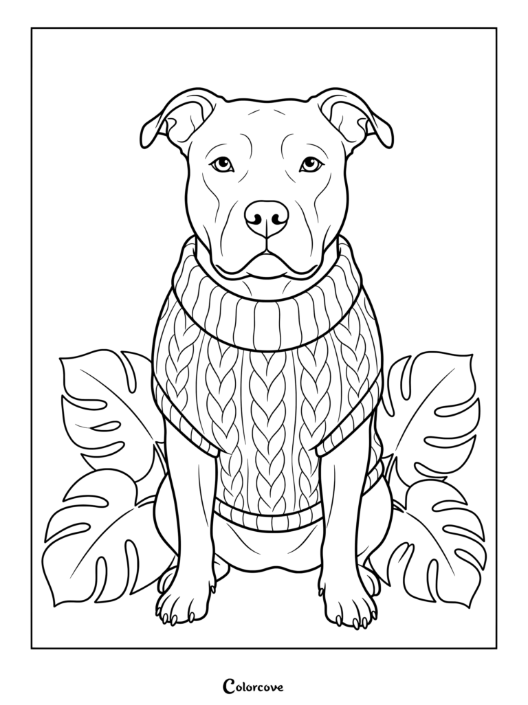 Pitbull coloring page featuring a dog wearing a cozy cable knit sweater framed by tropical leaves.