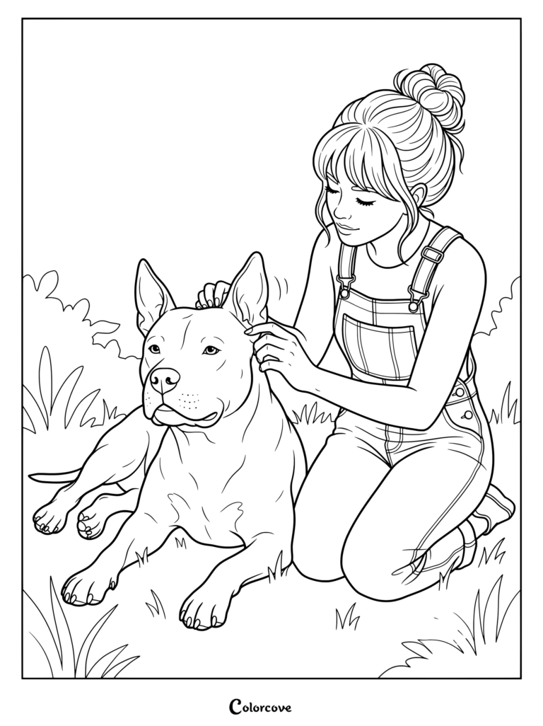 A young woman wearing overalls pets her friendly Pitbull outdoors in a grassy field coloring page