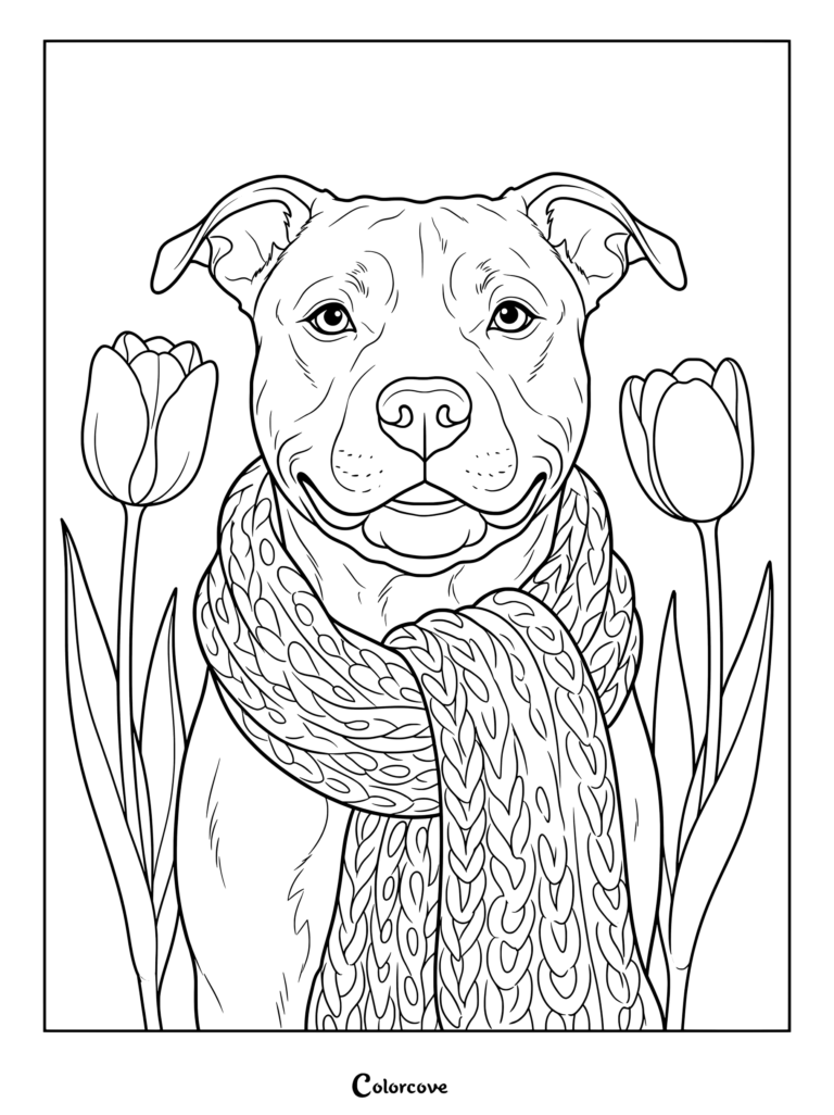 Printable coloring page of a smiling Pitbull wearing a cozy knit scarf flanked by two tulips.