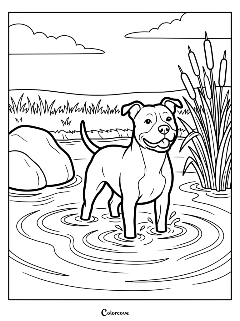 Pitbull standing in a river with cattails and rocks for coloring page