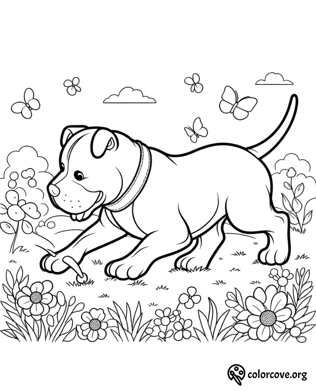 a cartoon of a dog in a flower garden