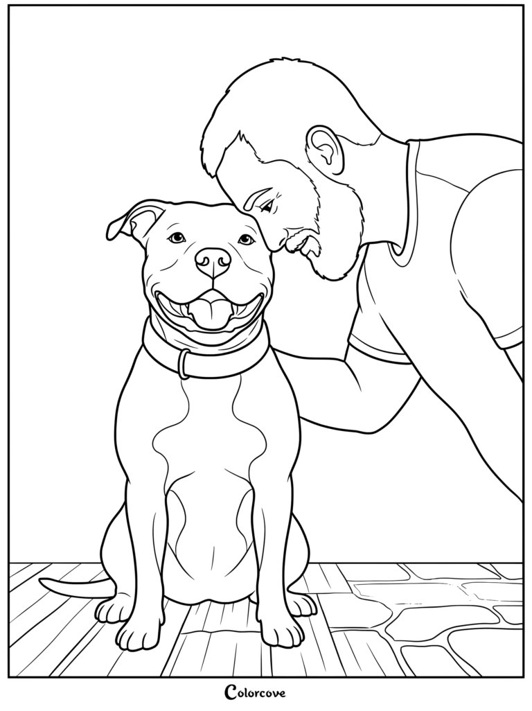 Man lovingly nuzzles a smiling Pitbull in this heartwarming coloring page.