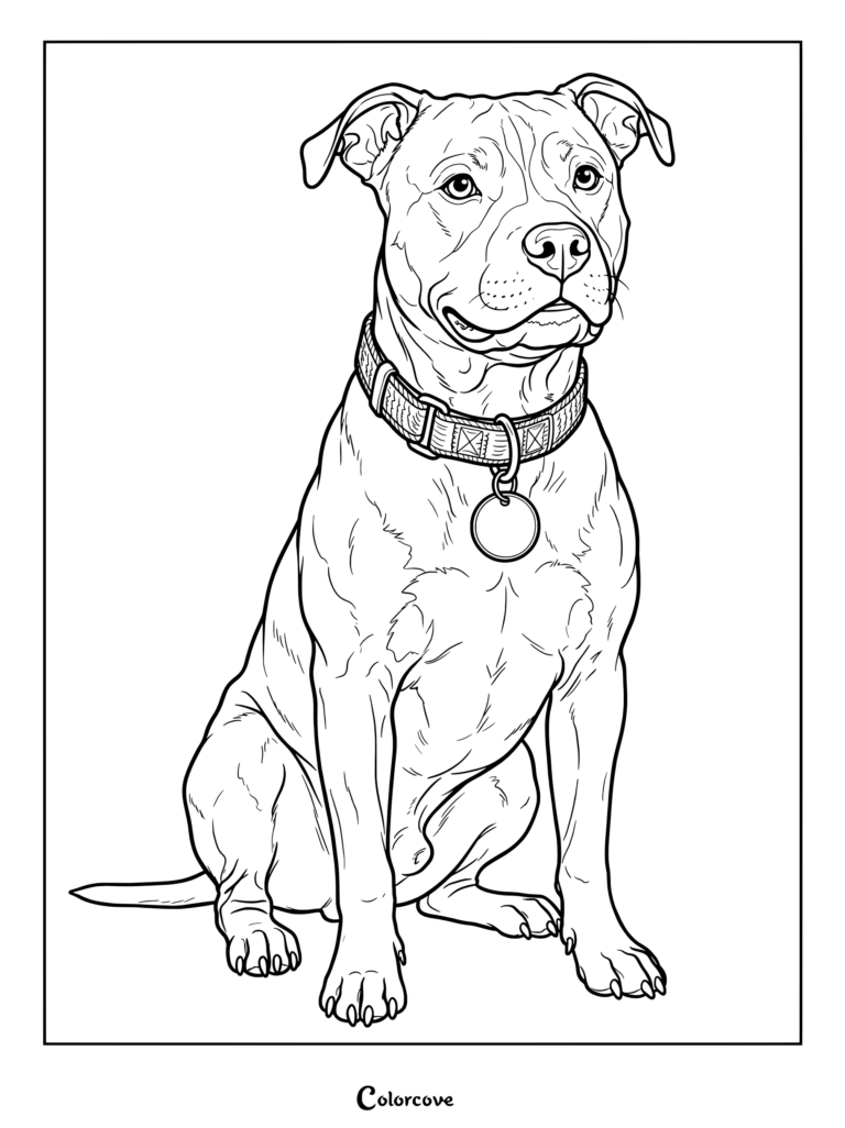 A printable coloring page featuring a loyal Pitbull sitting upright with a decorated collar.