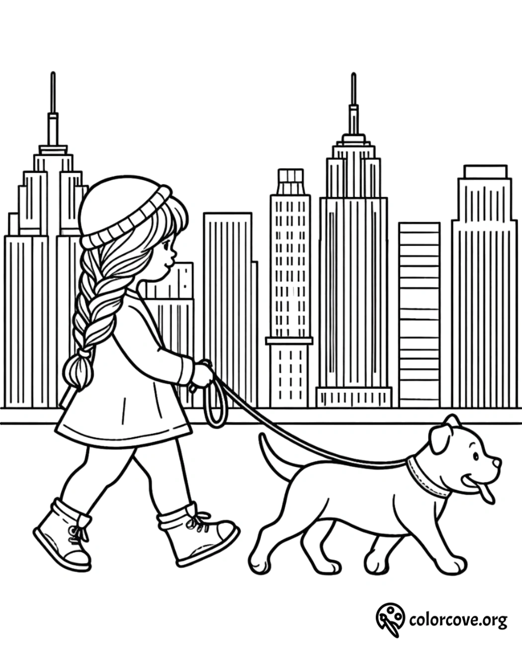 a cartoon of a girl walking a dog