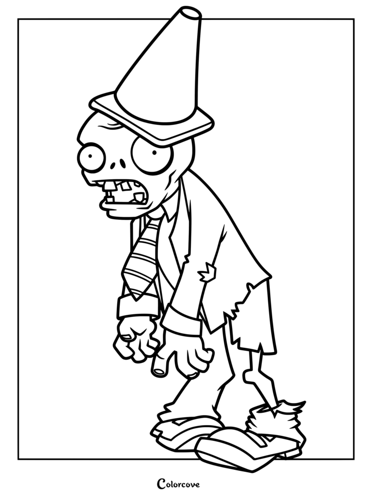 A printable coloring page featuring a Conehead Zombie wearing a traffic cone on its head and a tattered suit with a striped tie.