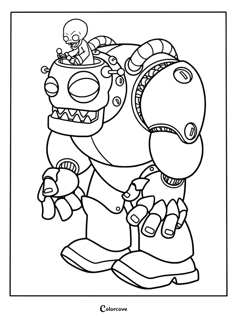 Dr. Edgar George Zomboss piloting his giant Zombot mech in this detailed line art coloring page.