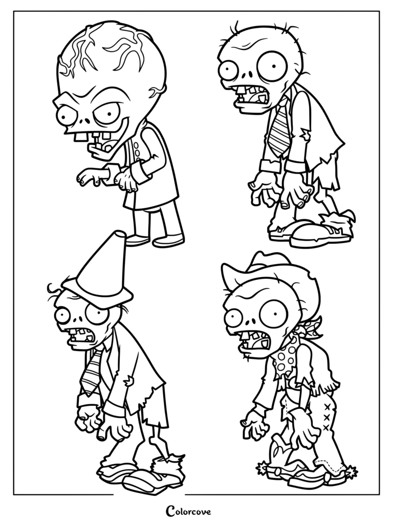 Printable coloring page featuring Dr. Zomboss, a Basic Zombie, a Conehead Zombie, and a Cowboy Zombie from Plants Vs Zombies.