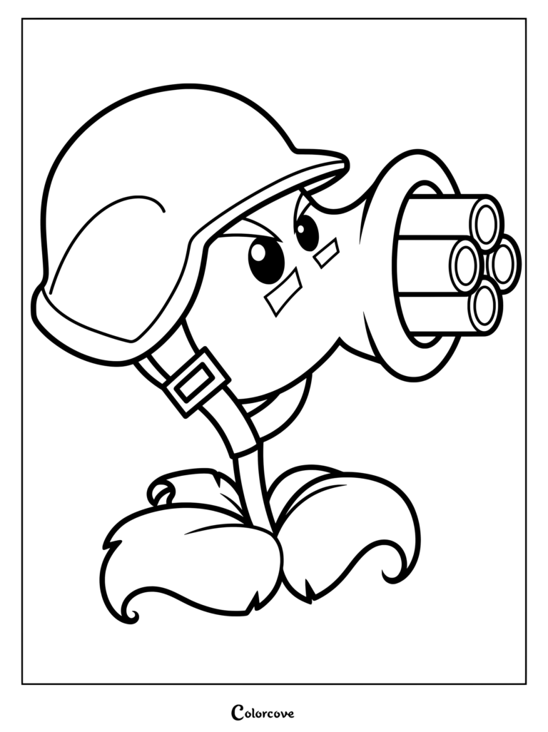 Gatling Pea from Plants Vs Zombies wearing a military helmet, featured in a printable coloring page.