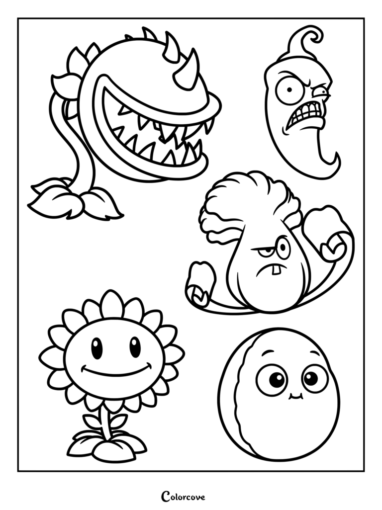 Printable coloring page featuring Sunflower, Wall-nut, Jalapeno, and other Plants Vs Zombies characters.