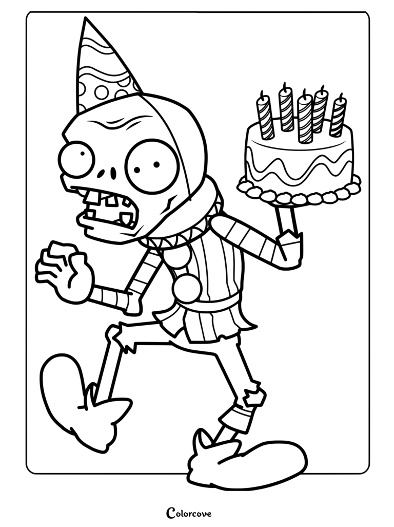 Jester Zombie wearing a party hat and holding a birthday cake with candles in this printable coloring page.