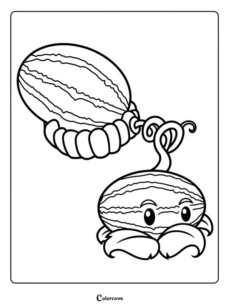 Melon-pult from Plants Vs Zombies launching a watermelon projectile in this printable coloring page.