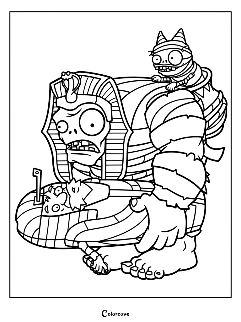 Mummified Gargantuar carrying an Imp on its back, a detailed Plants Vs Zombies coloring page.