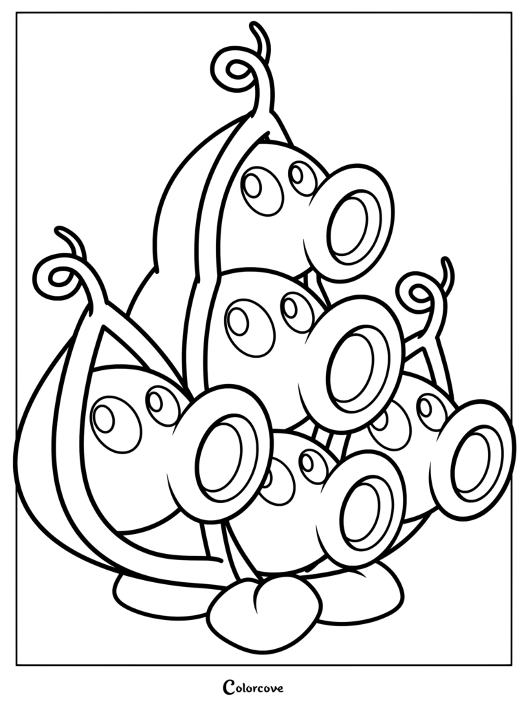 A printable coloring page featuring the Plants Vs Zombies Pea Pod character with multiple pea heads stacked inside a pod.
