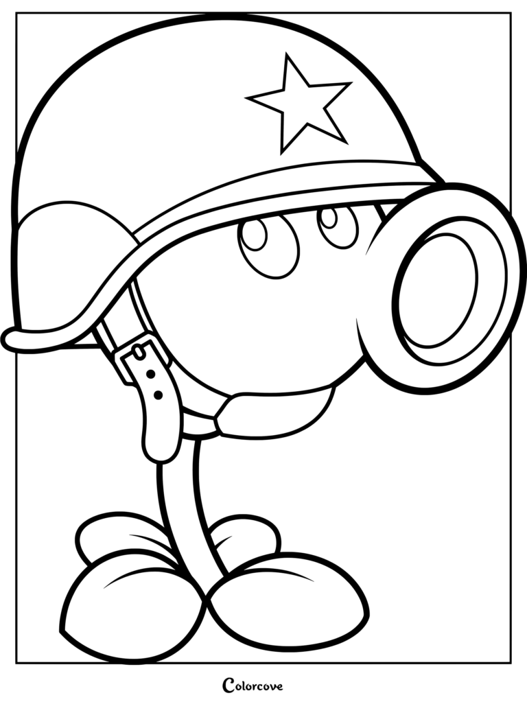 Peashooter wearing a military helmet with a white star sticker, line art coloring page.