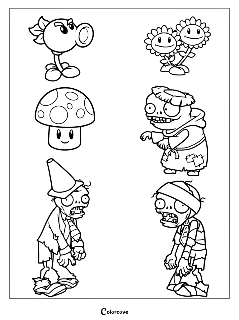 A Plants Vs Zombies coloring page featuring Peashooter, Twin Sunflower, Puff-shroom, Monk Zombie, Conehead Zombie, and Mummy Zombie.