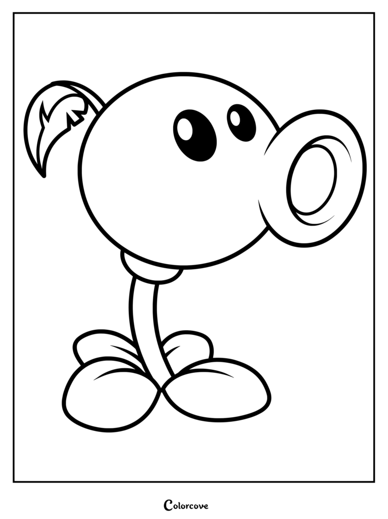 A simple black and white line art coloring page of the Peashooter character from Plants Vs Zombies with its signature large head and leaf sprout.