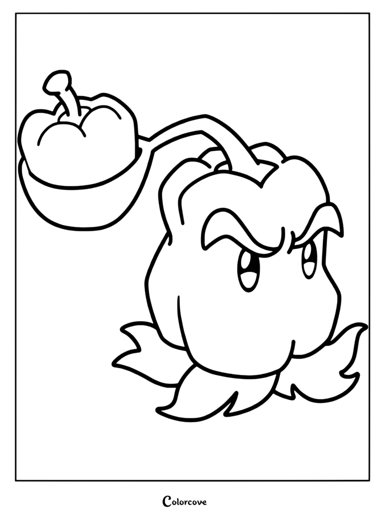 Pepper-pult from Plants Vs Zombies holding a pepper in its catapult arm, black and white line art coloring page.