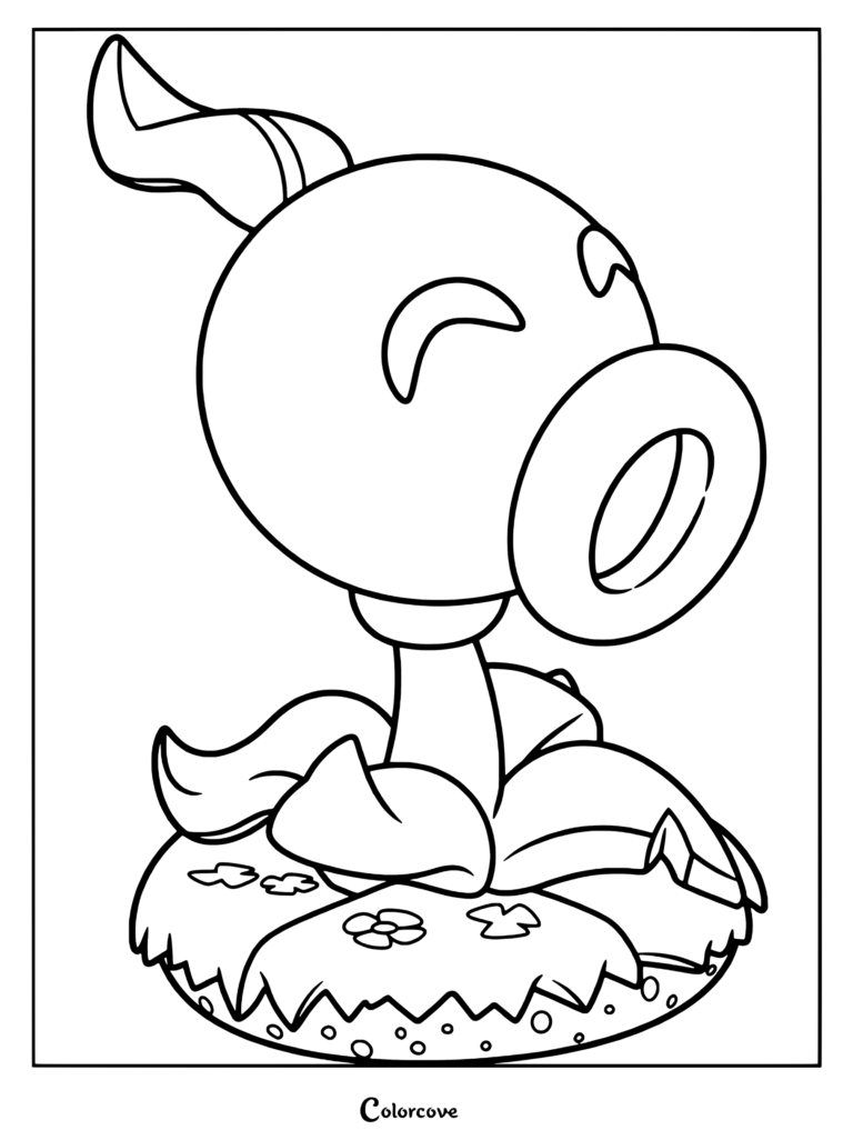 A black and white line art coloring page of a Peashooter from Plants vs. Zombies standing on a patch of grass with small flowers.