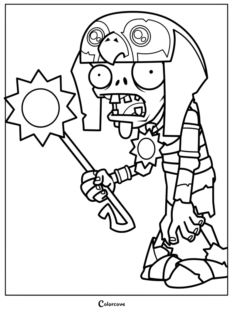 Ra Zombie from Plants Vs Zombies holding a sun staff, printable coloring page.