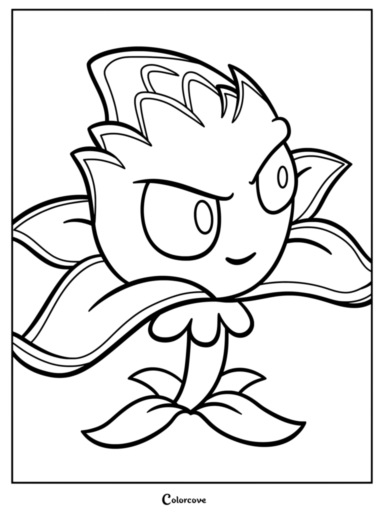 A detailed line art coloring page of Red Stinger from Plants Vs Zombies with sharp petals and a determined expression.