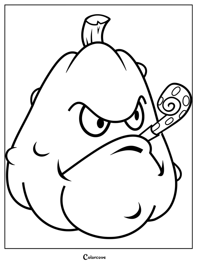 Squash from Plants Vs Zombies holding a party blower in this printable coloring page.