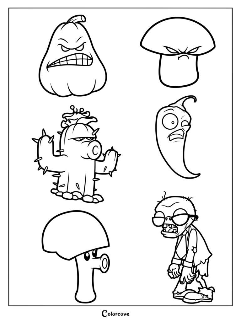 Printable coloring page featuring Squash, Doom-shroom, Cactus, Jalapeno, Scaredy-shroom, and a Zombie with sunglasses.