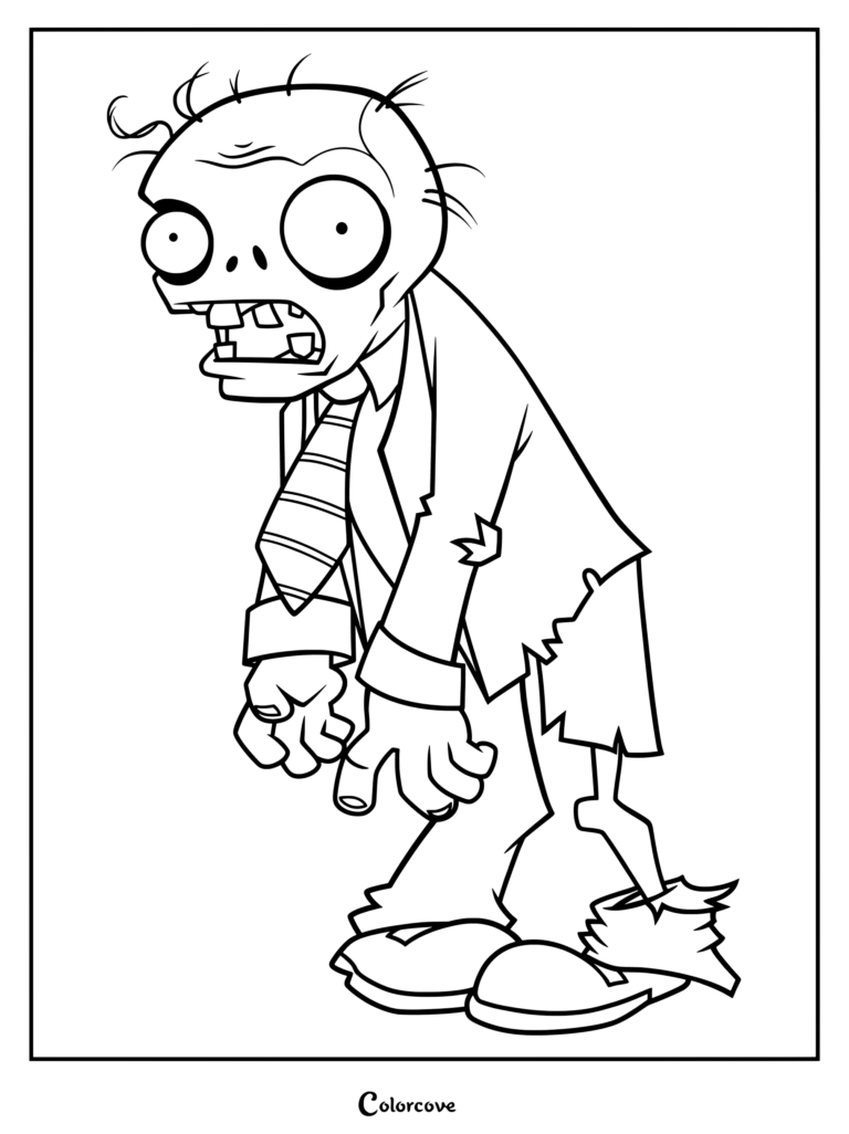 A printable coloring page featuring the Basic Zombie from Plants Vs Zombies with a tattered suit and tie.
