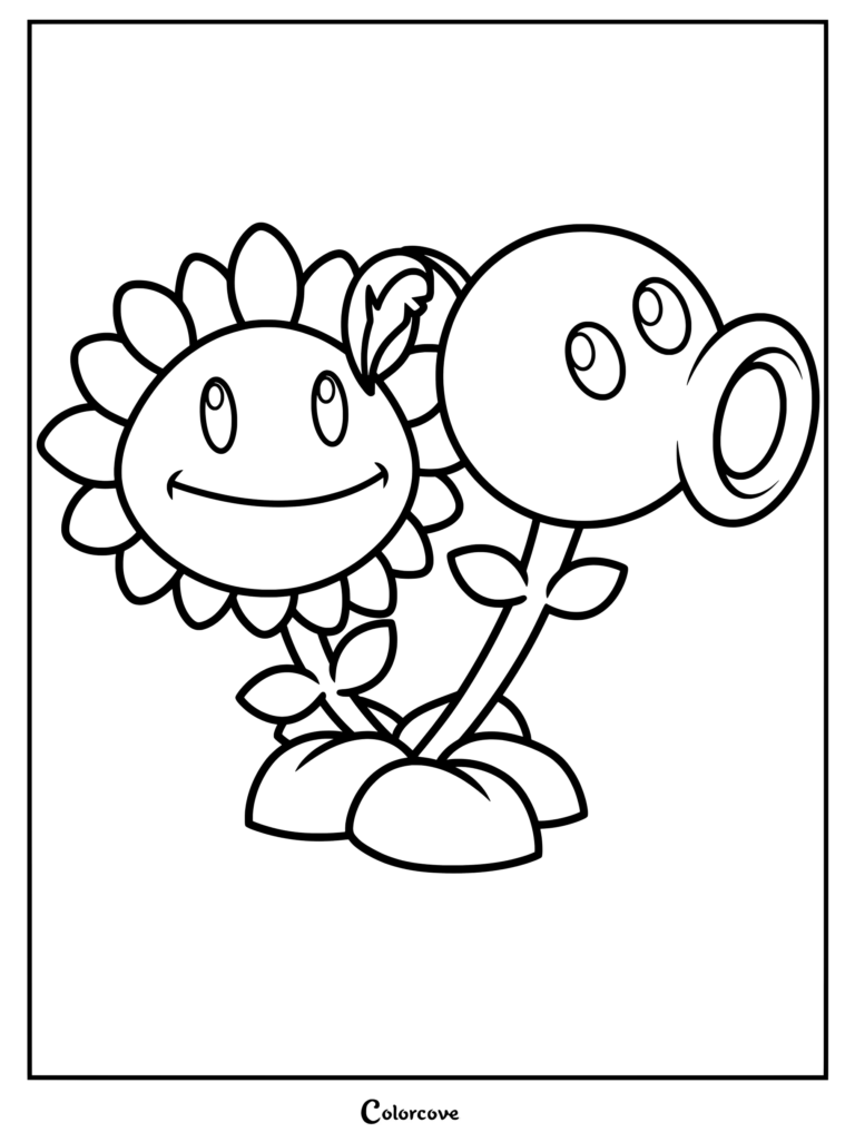 A printable coloring page featuring Sunflower and Peashooter standing side by side with bold outlines.