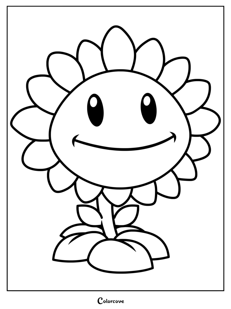 A simple black and white coloring page of the Sunflower character from Plants Vs Zombies with large petals and a smiling face.