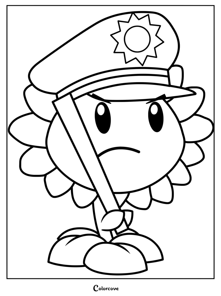 Sunflower from Plants vs. Zombies wearing a green military-style cap in this printable coloring page.