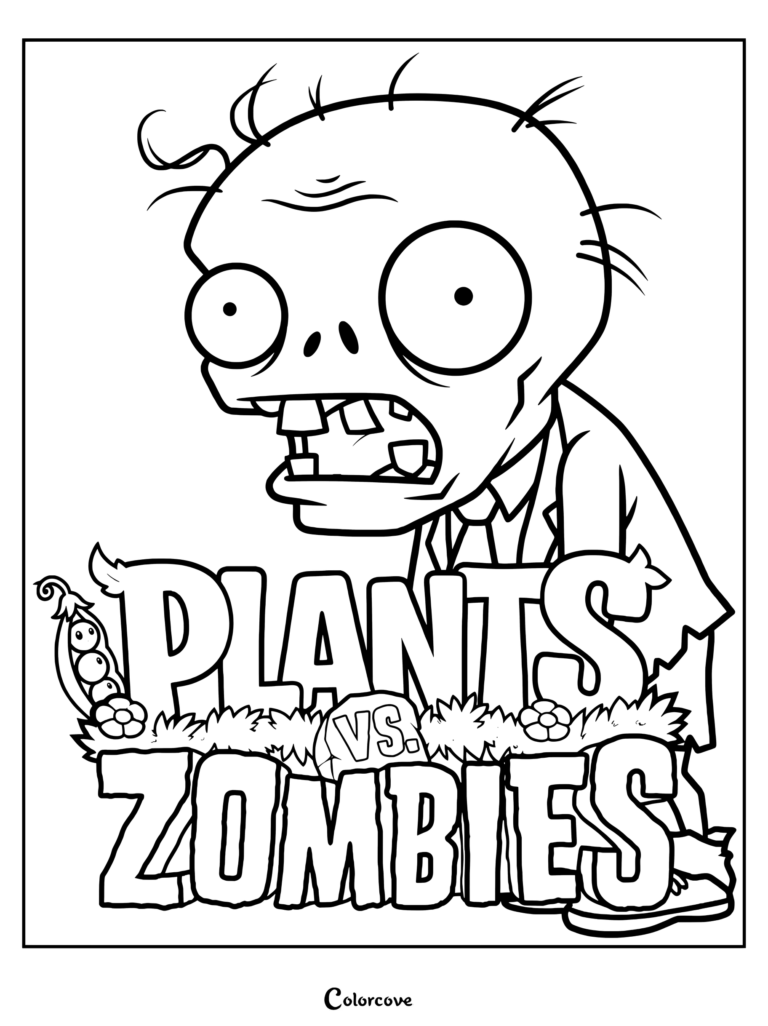 A detailed coloring page featuring the iconic Plants vs. Zombies logo with a classic zombie leaning over the text.