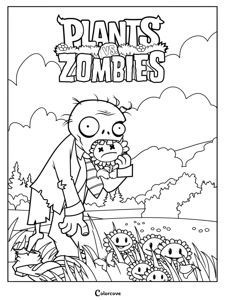 A Plants vs. Zombies coloring page featuring a zombie holding a defeated Sunflower under the game logo with other Sunflowers in the grass.