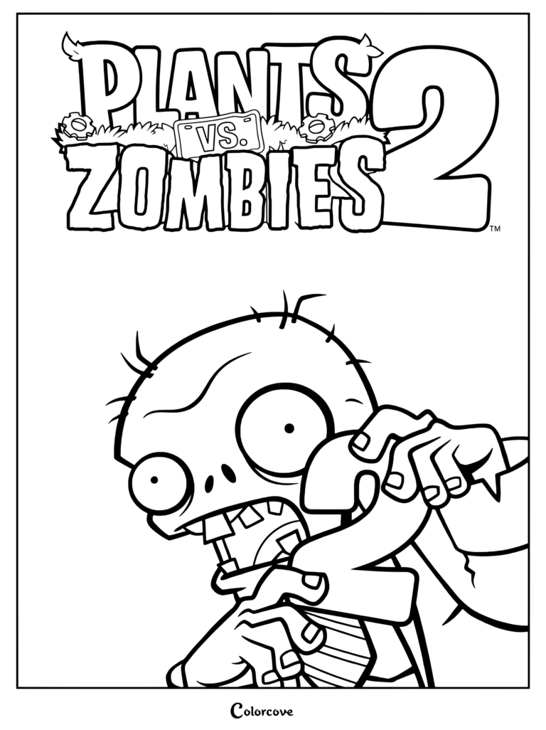 A printable coloring page featuring the Plants vs. Zombies 2 It's About Time cover art with a zombie biting into the number two.