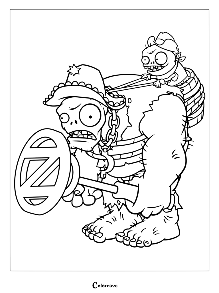 Wild West Gargantuar from Plants vs. Zombies 2 holding a branded stamp, printable coloring page.