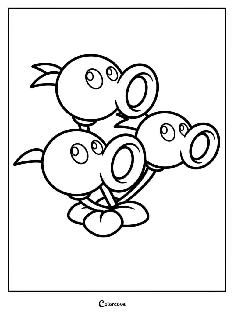 A printable coloring page featuring the Threepeater plant from Plants Vs Zombies with three distinct heads.