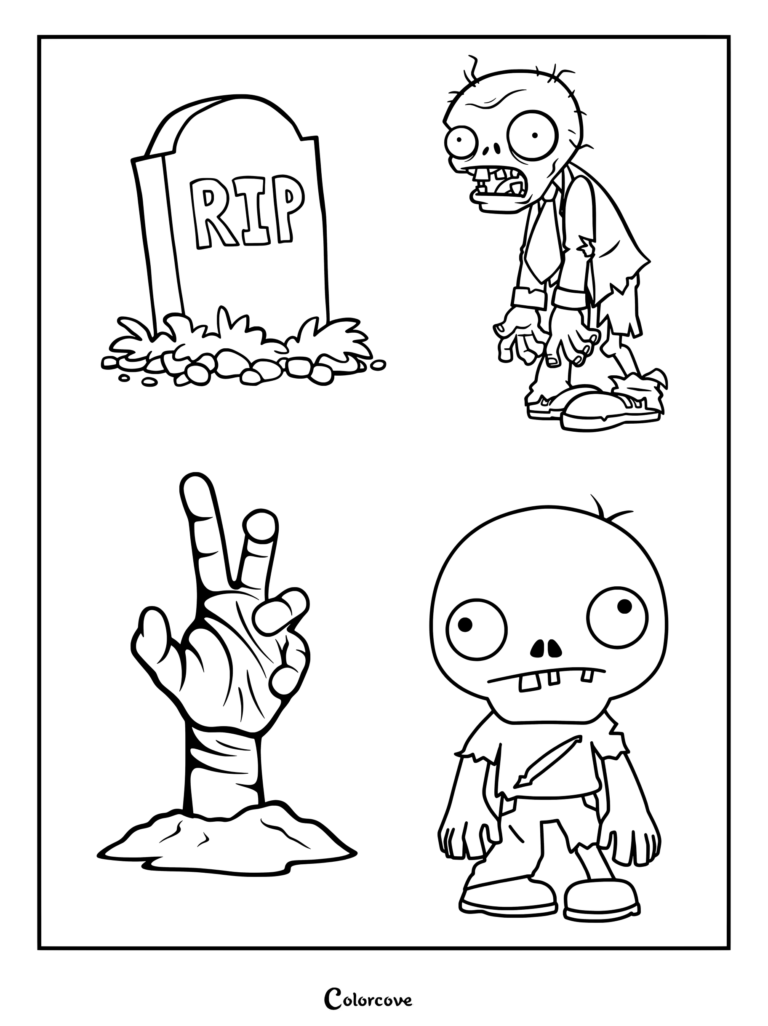 Plants Vs Zombies coloring page featuring a RIP tombstone, a zombie with a tie, a zombie hand emerging from the ground, and a big-headed zombie.