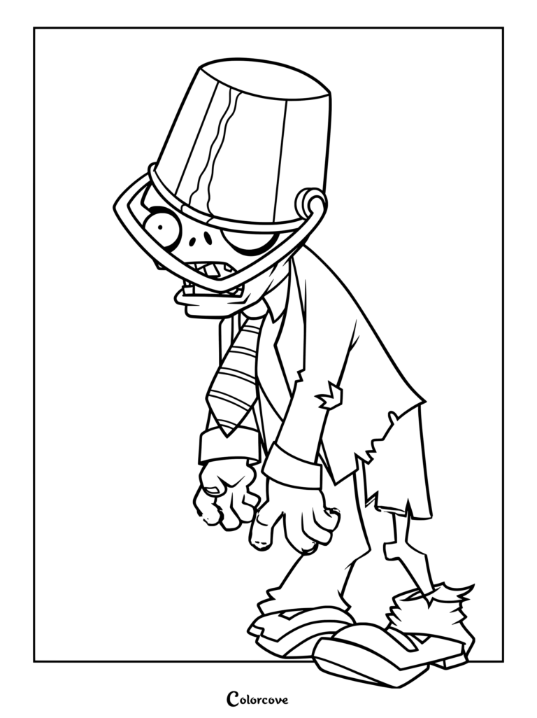 A printable coloring page featuring a Buckethead Zombie wearing a metal bucket on its head and a tattered suit.