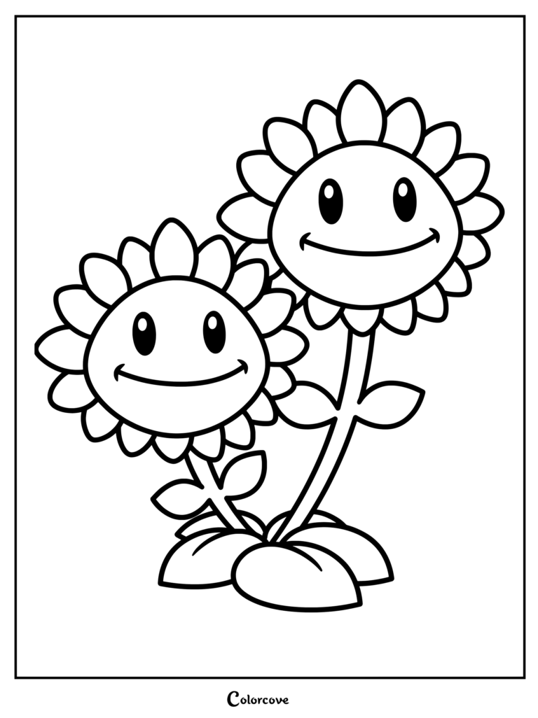 Twin Sunflower character from Plants Vs Zombies in a printable coloring page format with two smiling flower heads.