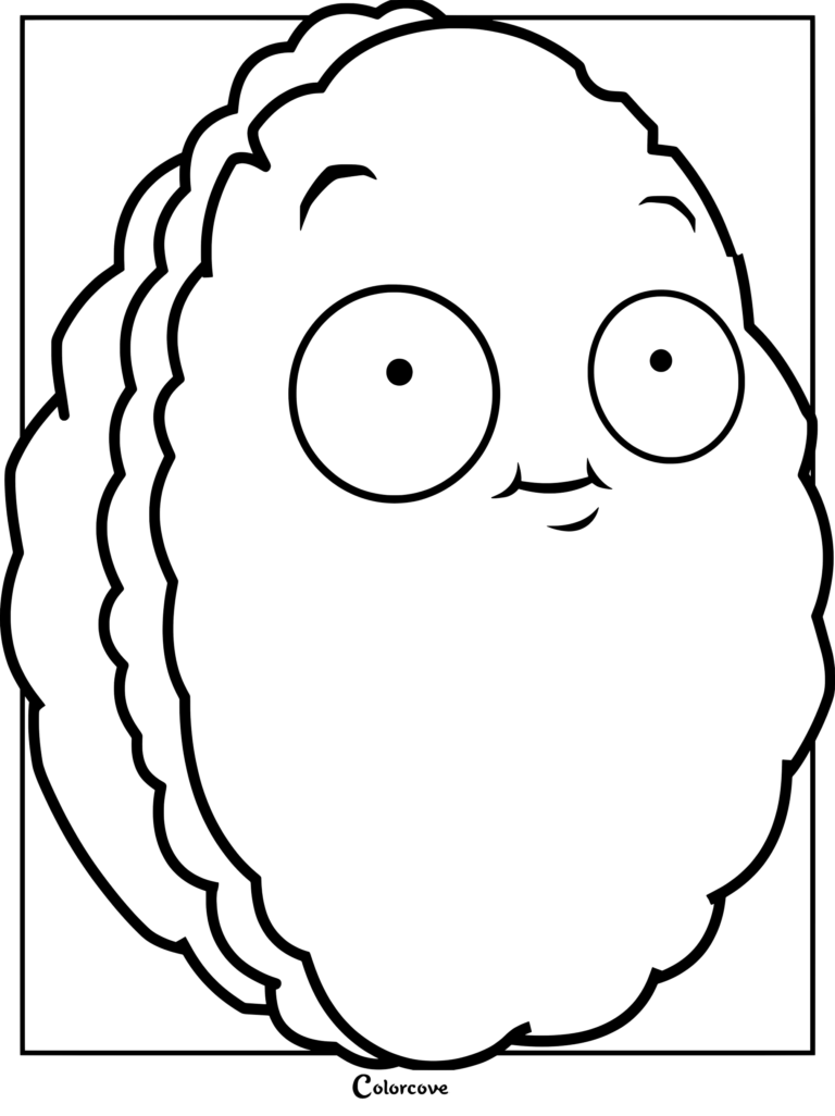 A simple black and white line art coloring page featuring the Plants Vs Zombies character Wall-nut with large eyes and a determined expression.