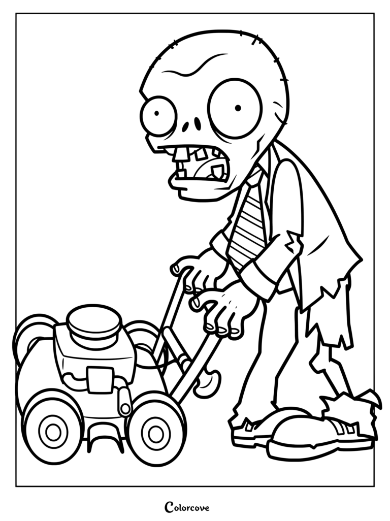 A Plants Vs Zombies coloring page featuring a classic zombie pushing a lawnmower with a striped tie and tattered clothing.